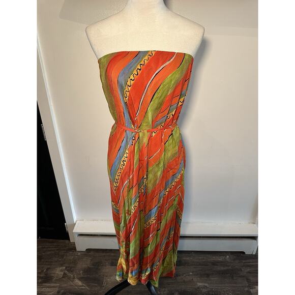 Vintage 90s Carole Little Orange Green Beach Boho Abstract Striped Dress Sz 14 - Picture 2 of 8